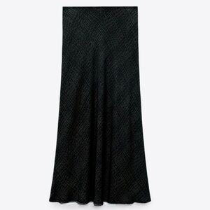 Zara Black Flowy Satin Printed Dark Khaki Long Midi Skirt Size XS